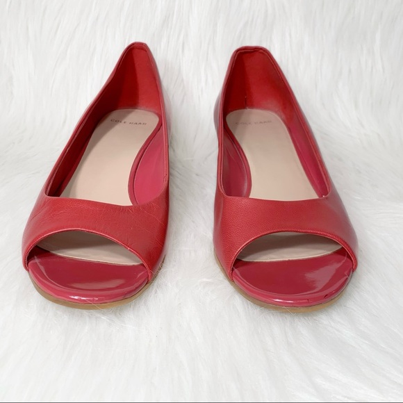 SOLD-Cole Haan Leather Peep Toe Low Heel Red Wedge Slip On Shoes - Picture 9 of 14